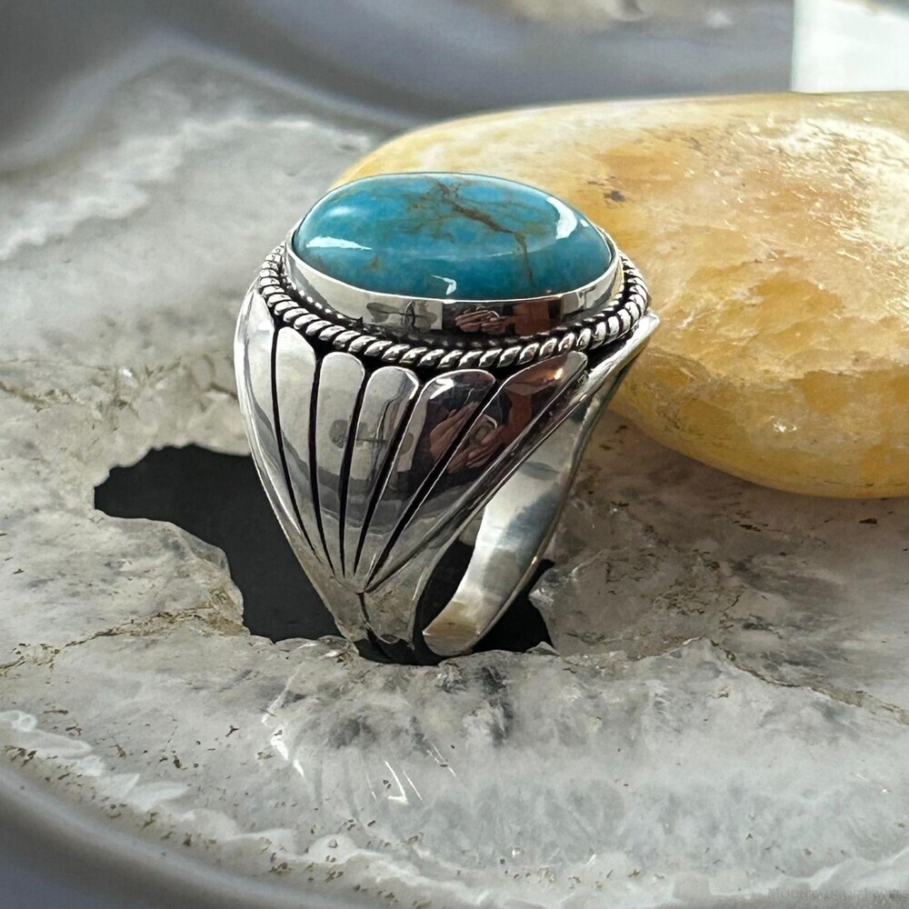Native American Sterling Silver Oval  Turquoise Shield Ring Size 10.75 For Men - Picture 3 of 10